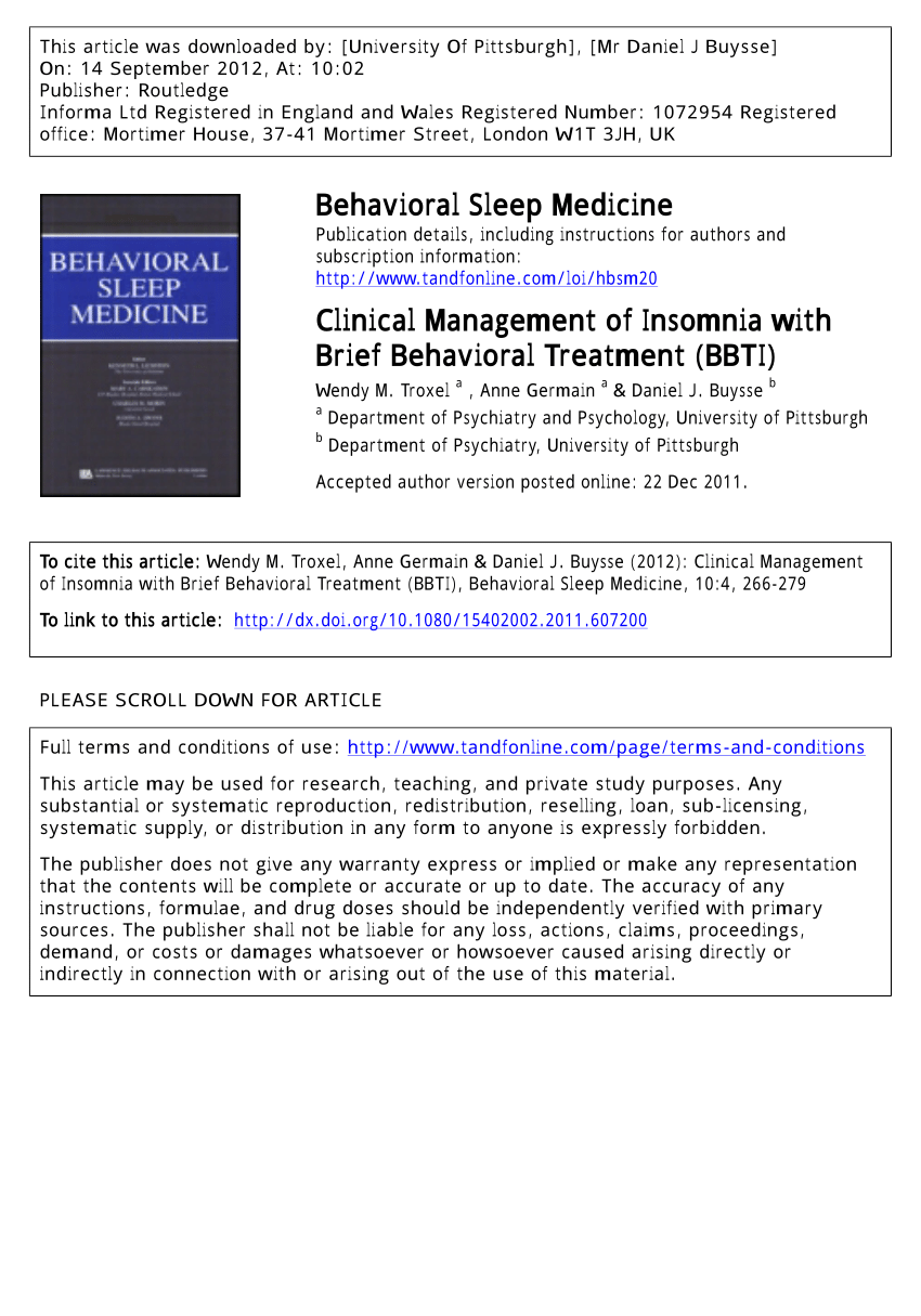 PDF) Clinical Management of Insomnia with Brief Behavioral ...