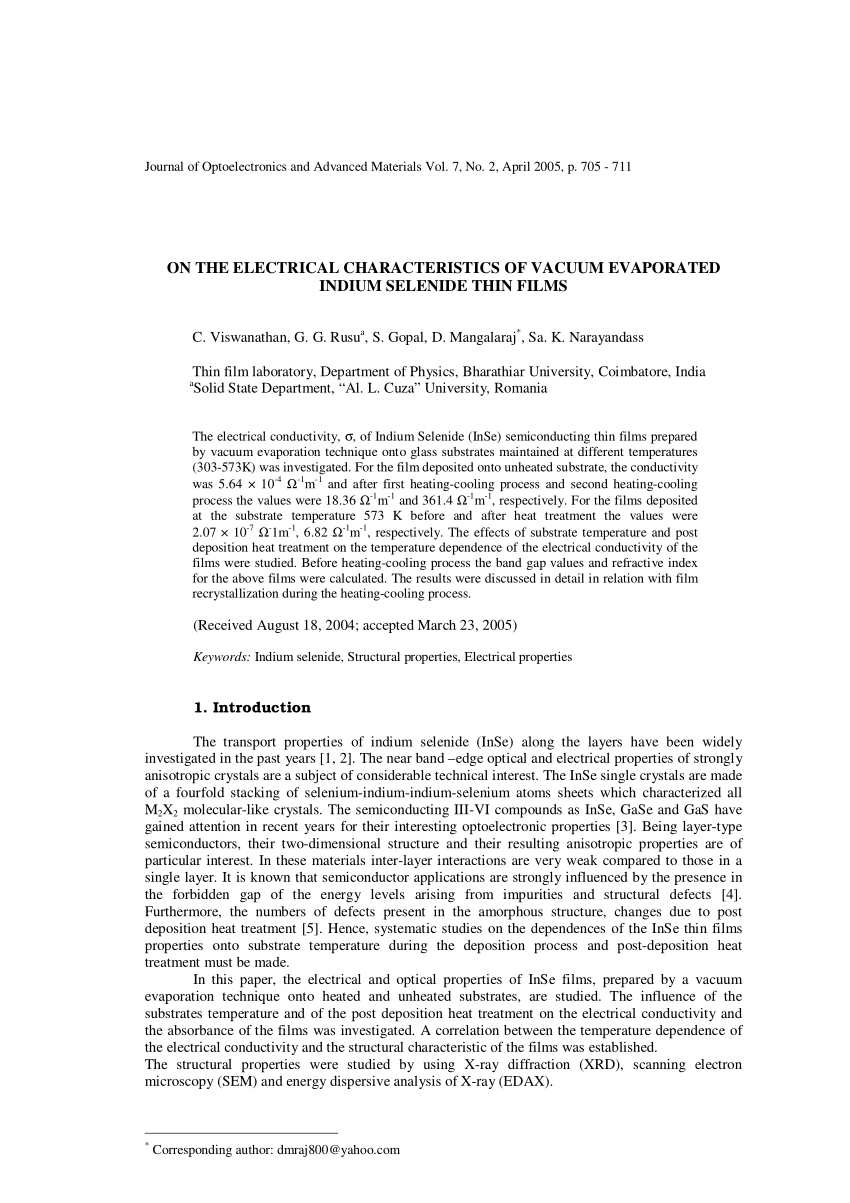 Pdf On The Electrical Characteristics Of Vacuum Evaporated Indium Selenide Thin Films