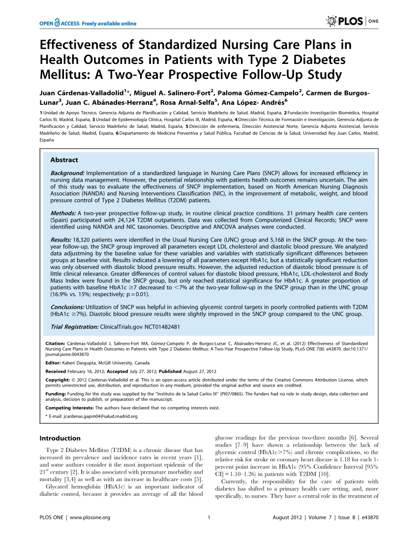 Pdf Effectiveness Of Standardized Nursing Care Plans In Health Outcomes In Patients With Type 2 Diabetes Mellitus A Two Year Prospective Follow Up Study