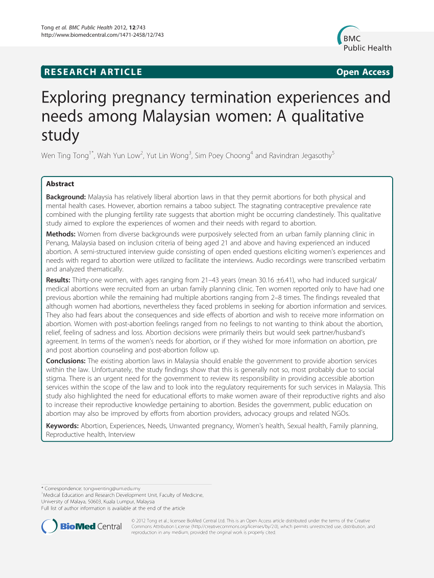 Pdf Exploring Pregnancy Termination Experiences And Needs Among Malaysian Women A Qualitative Study