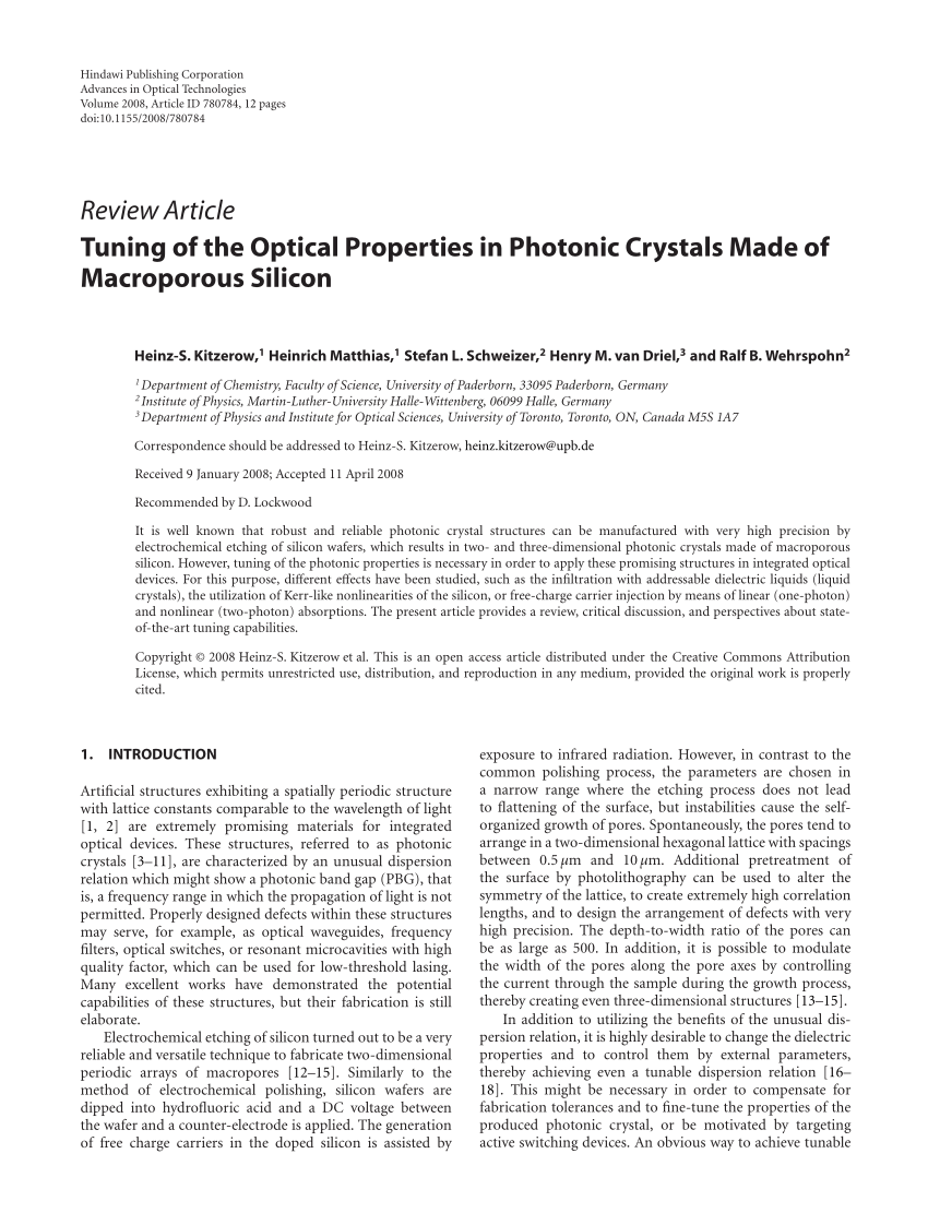 PDF) Tuning of the Optical Properties in Photonic Crystals Made of  Macroporous Silicon