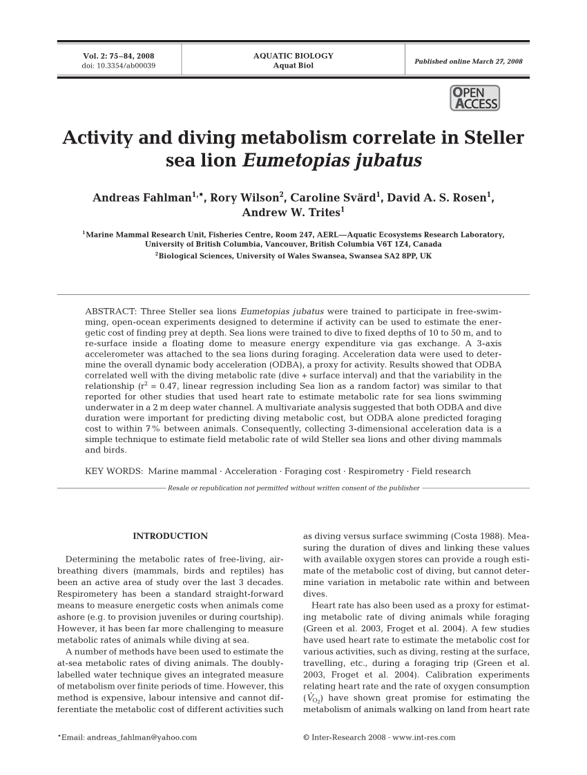 (PDF) Activity and diving metabolism correlate in Steller sea lion