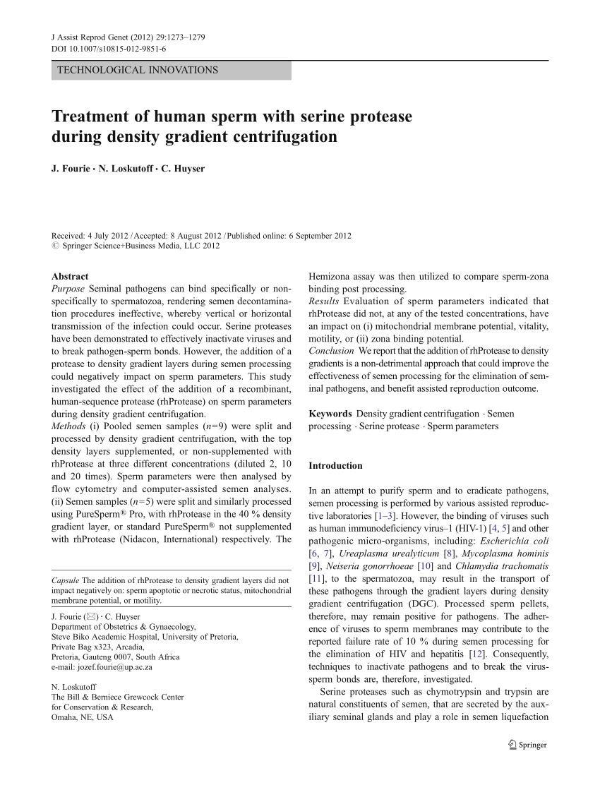 PDF) Treatment of human sperm with serine protease during density ...