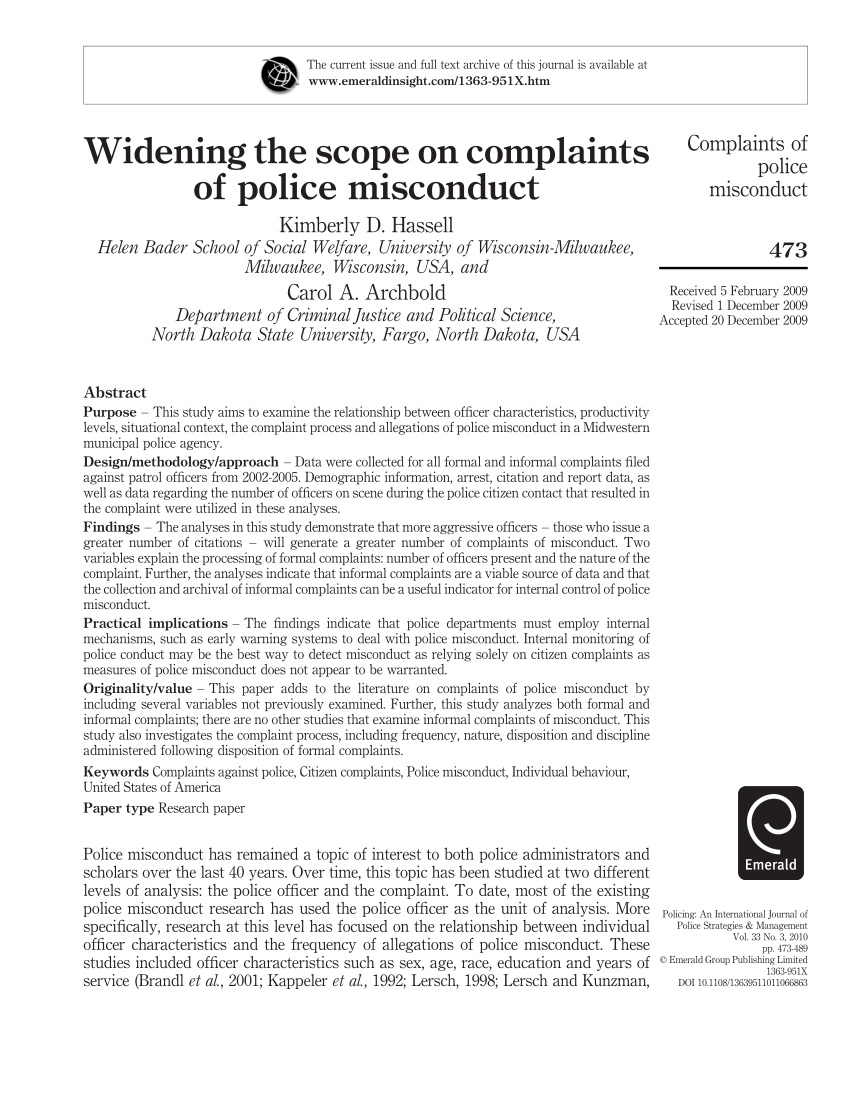 PDF) Widening the Scope on Complaints of Police Misconduct