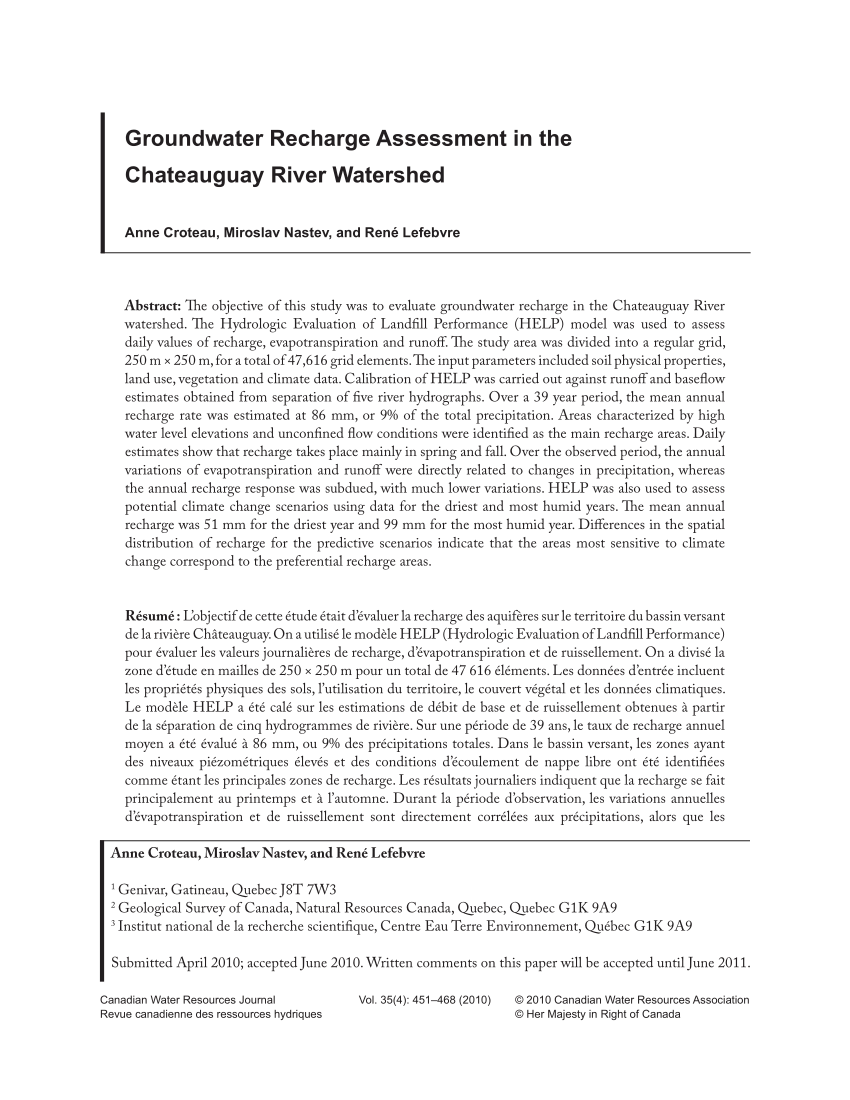 Pdf Groundwater Recharge Assessment In The Chateauguay River Watershed