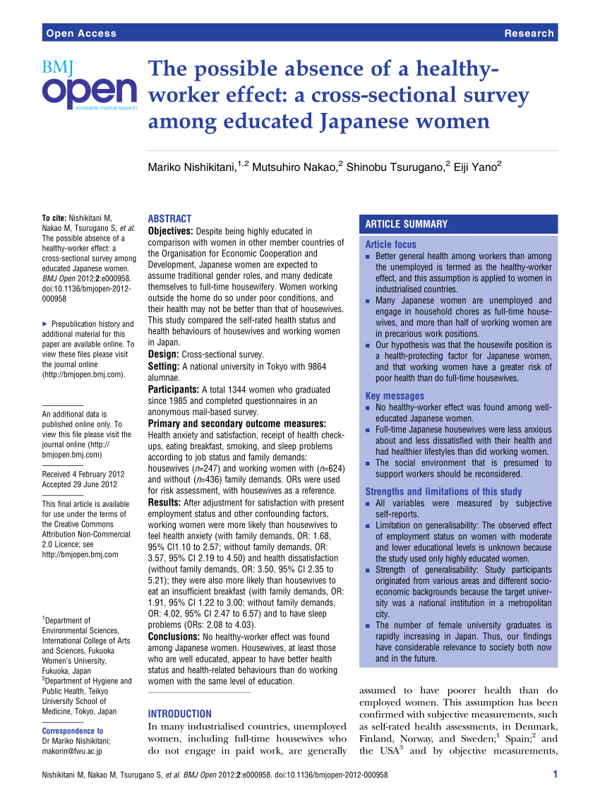 PDF) The possible absence of a healthy-worker effect A cross-sectional survey among educated Japanese women photo