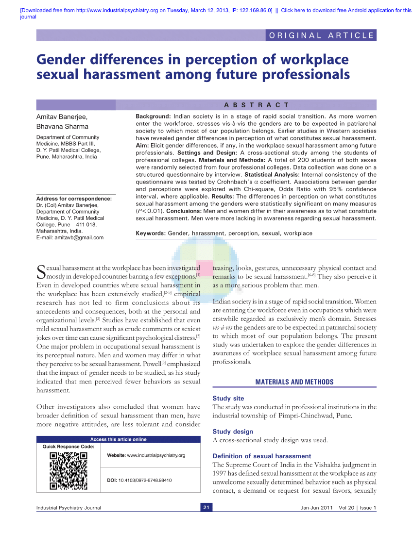 Pdf Gender Differences In Perception Of Workplace Sexual Harassment Among Future Professionals 9596