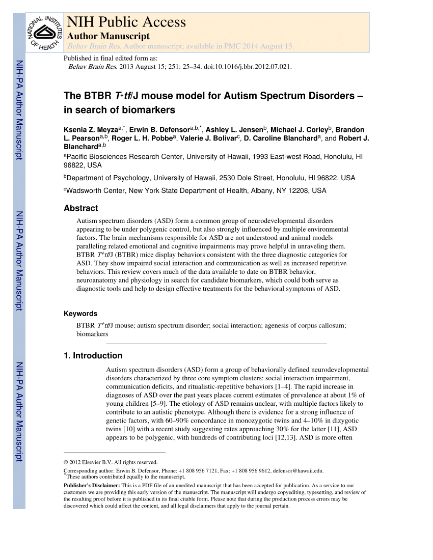 Pdf The Btbr Ttf J Mouse Model For Autism Spectrum Disorders In Search Of Biomarkers