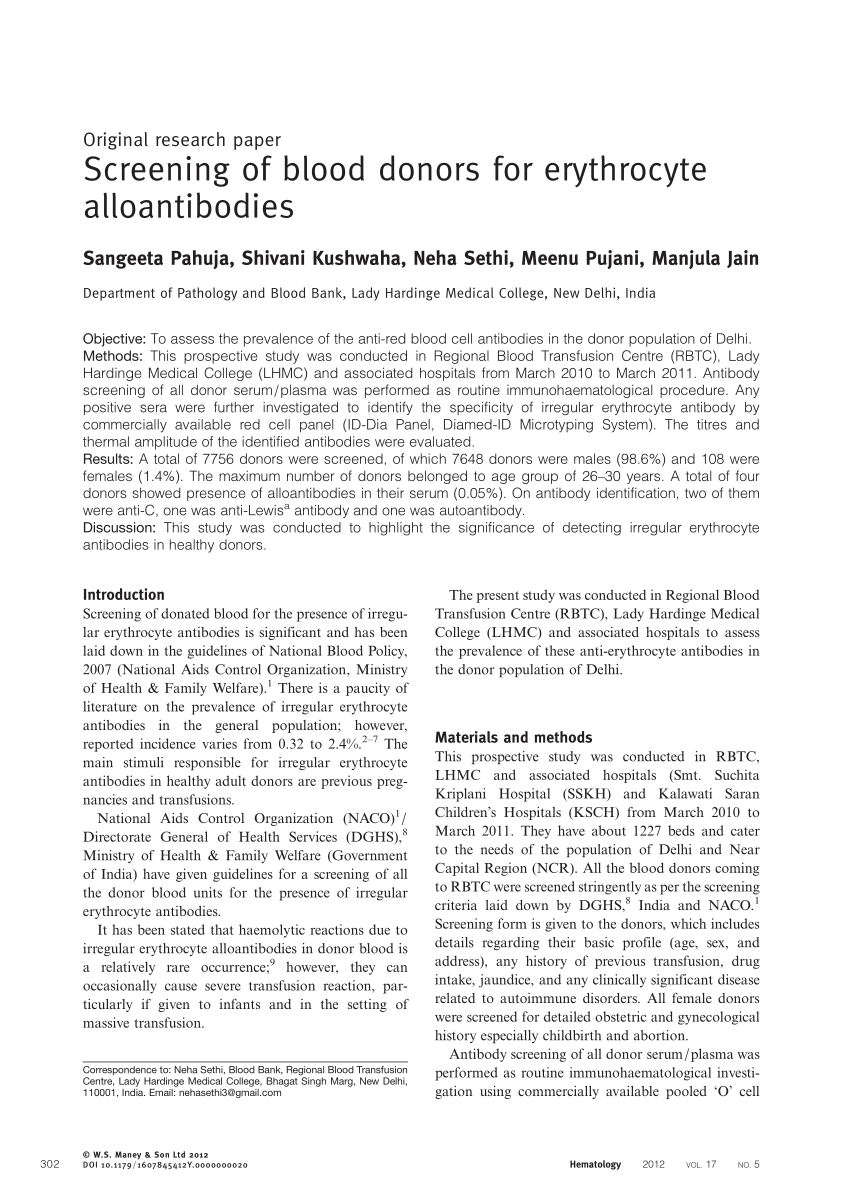 PDF Screening of blood donors for erythrocyte alloantibodies 