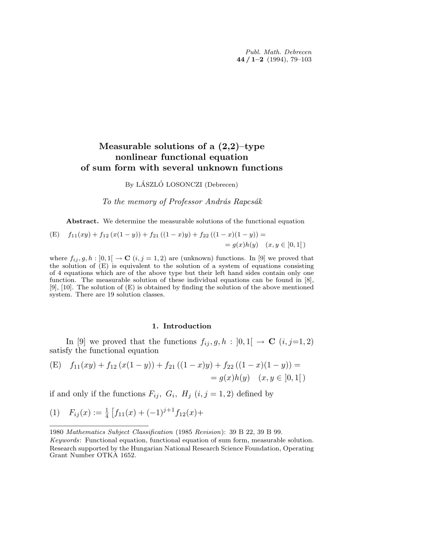 Pdf Measurable Solutions Of A 2 2 Type Nonlinear Functional Equation Of Sum Form With Several Unknown Functions