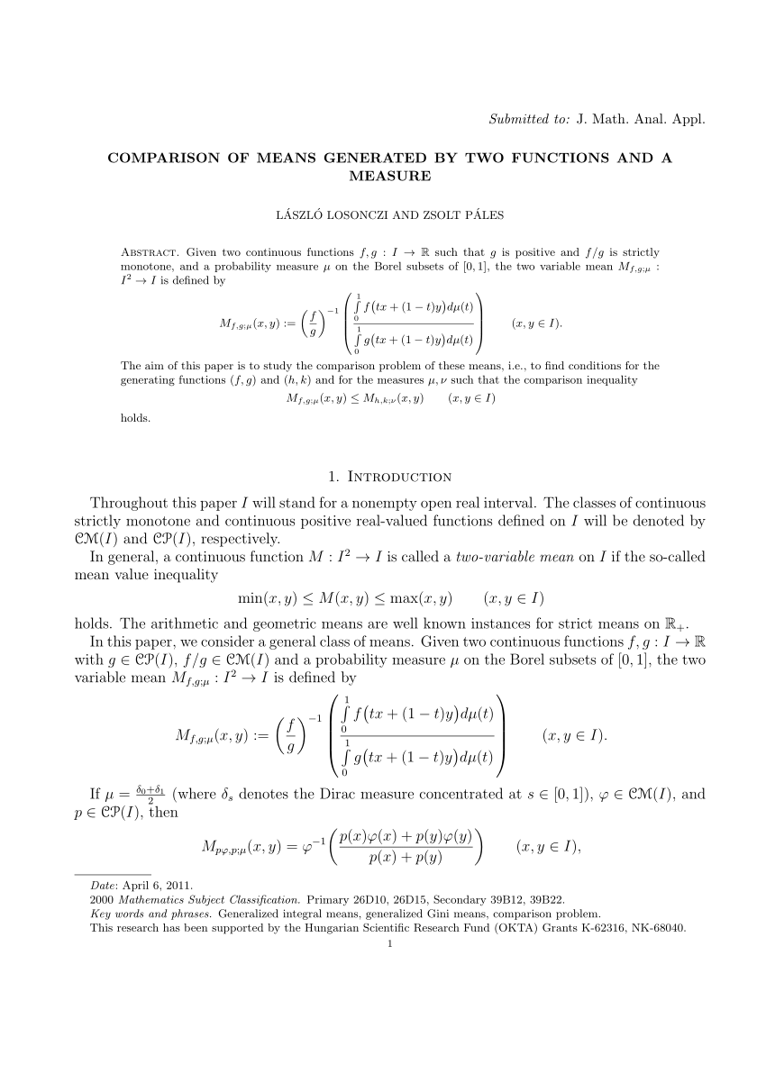 Pdf Comparison Of Means Generated By Two Functions And A Measure