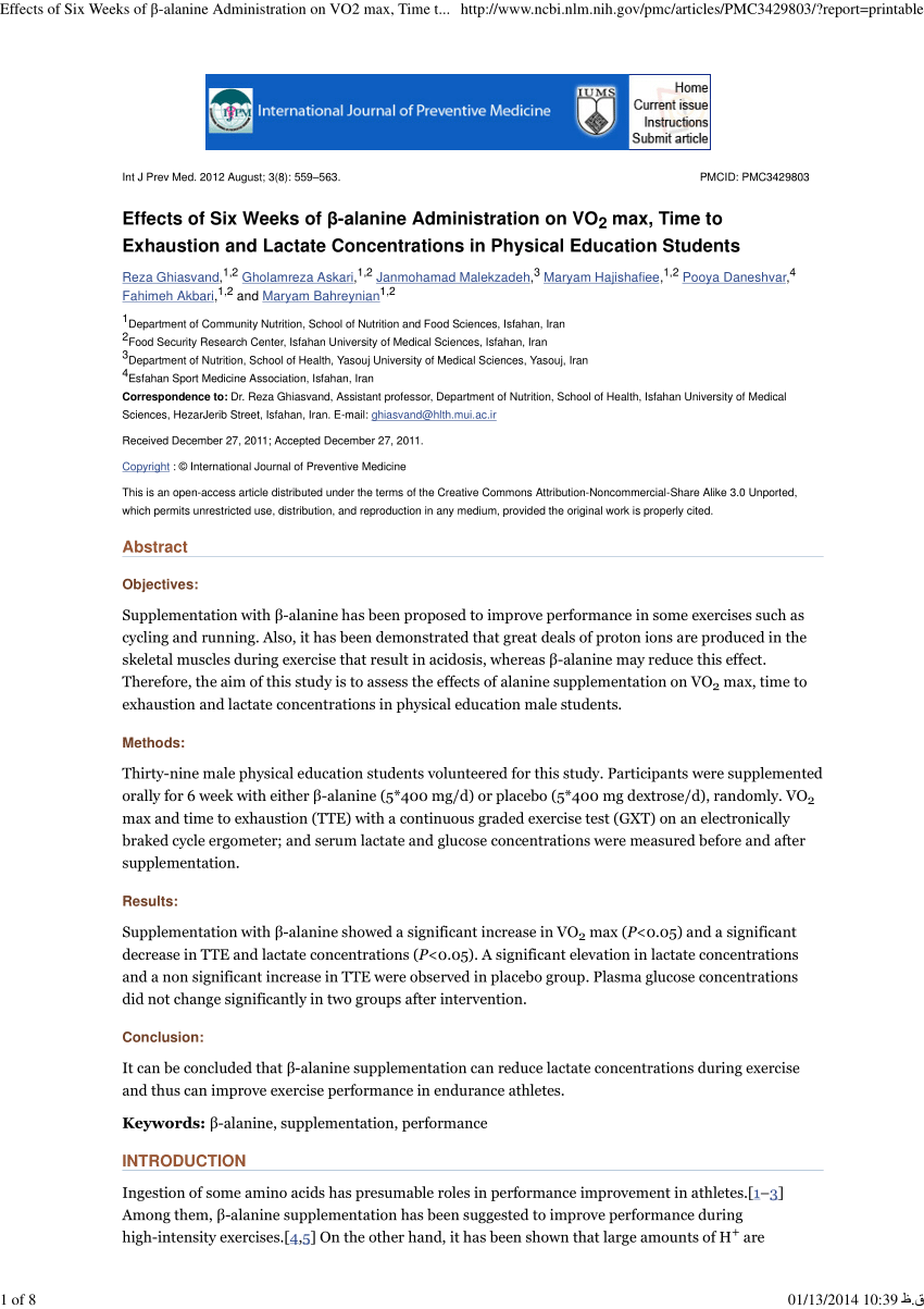 Pdf Effects Of Six Weeks Of B Alanine Administration On Vo2 Max