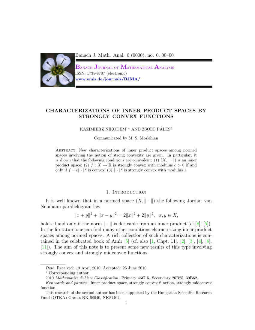 Pdf Characterizations Of Inner Product Spaces By Strongly Convex Functions