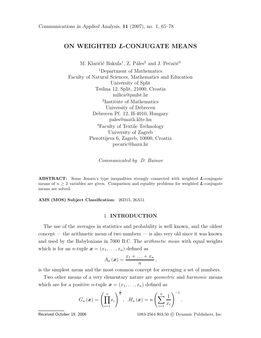 Pdf On Weighted L Conjugate Means