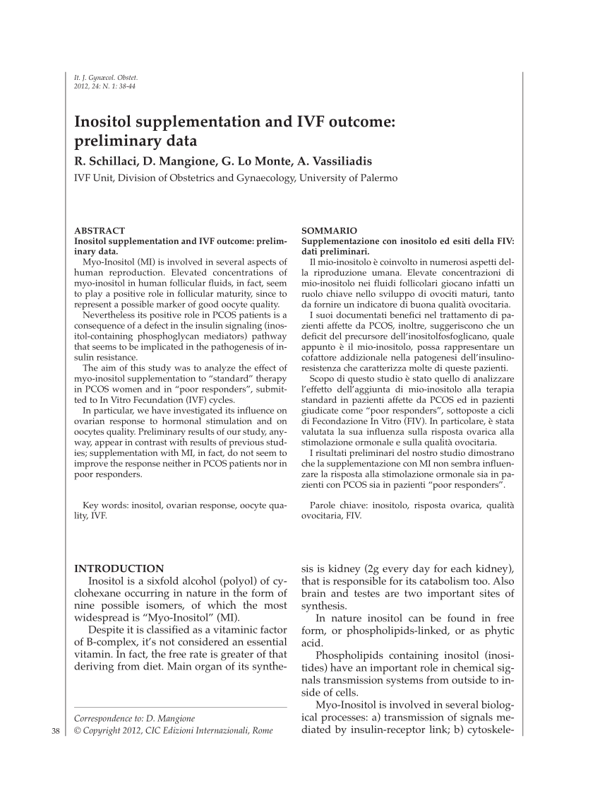 Pdf Inositol Supplementation And Ivf Outcome Preliminary Data