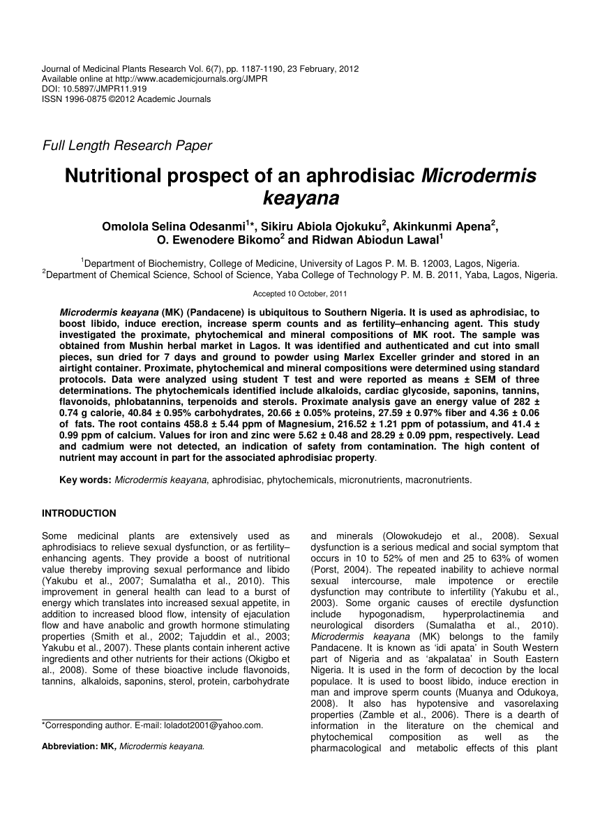 PDF Nutritional prospect of an aphrodisiac Microdermis keayana