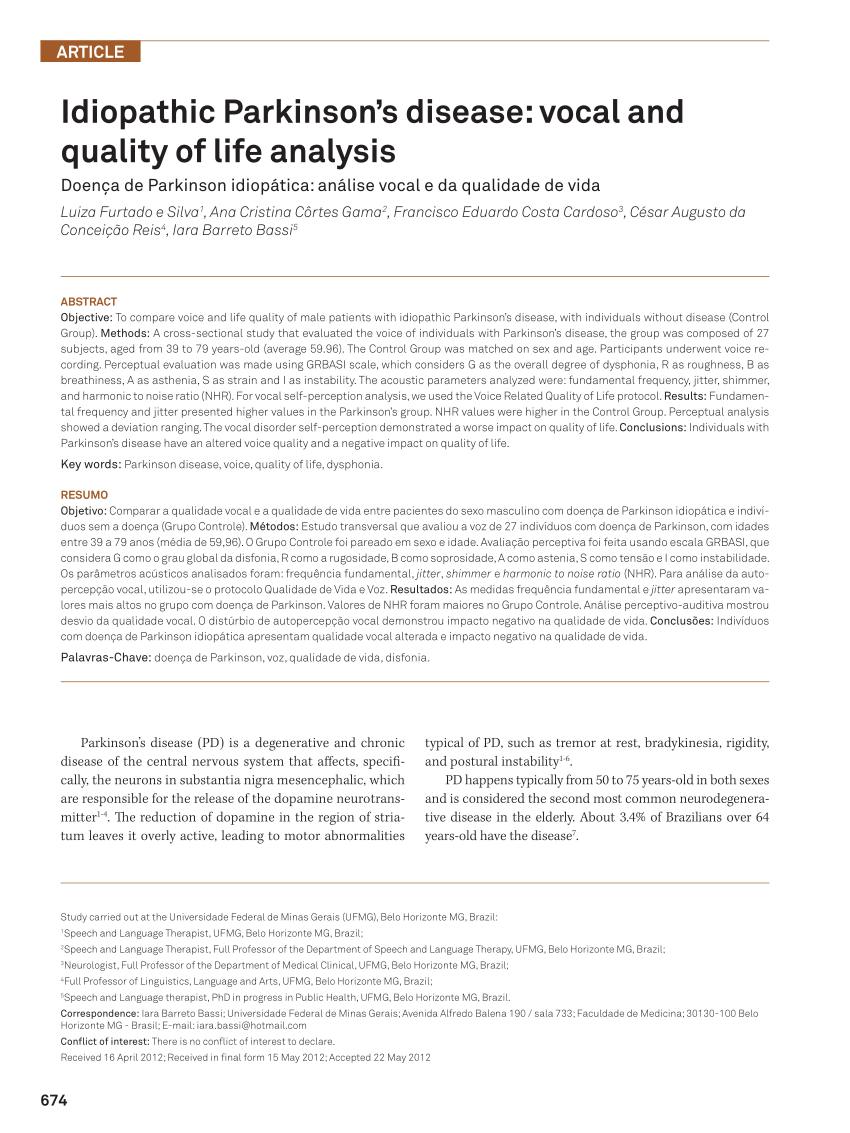 (PDF) Idiopathic Parkinson's disease: Vocal and quality of life analysis