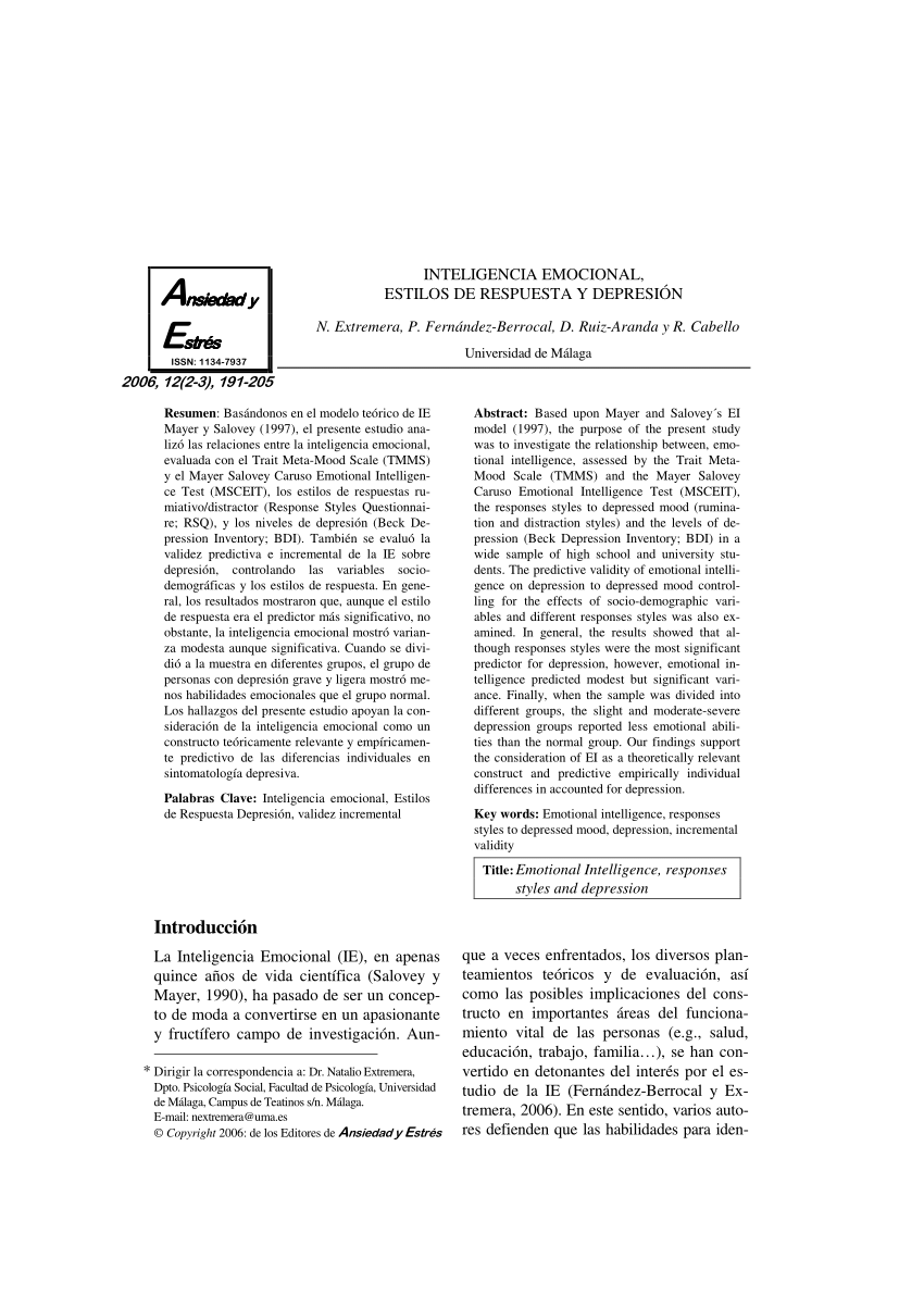 PDF) Inteligencia emocional, estilos de respuesta y depresión