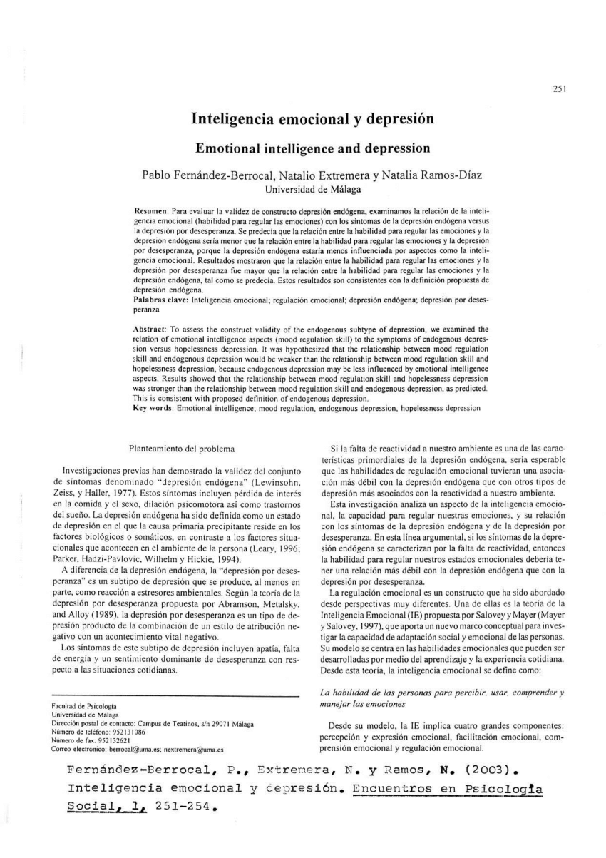 PDF) Inteligencia emocional y depresión [Emotional intelligence and  depression]