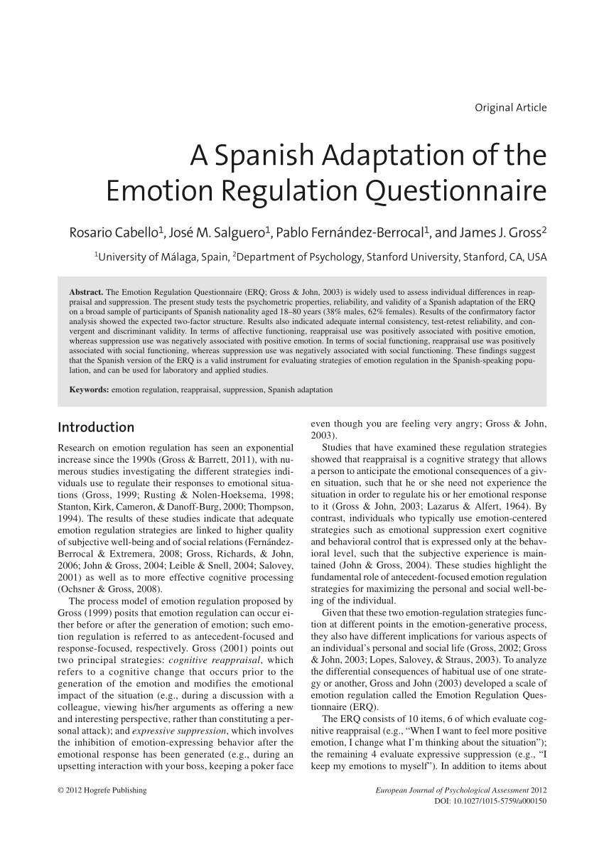 Pdf A Spanish Adaptation Of The Emotion Regulation Questionnaire