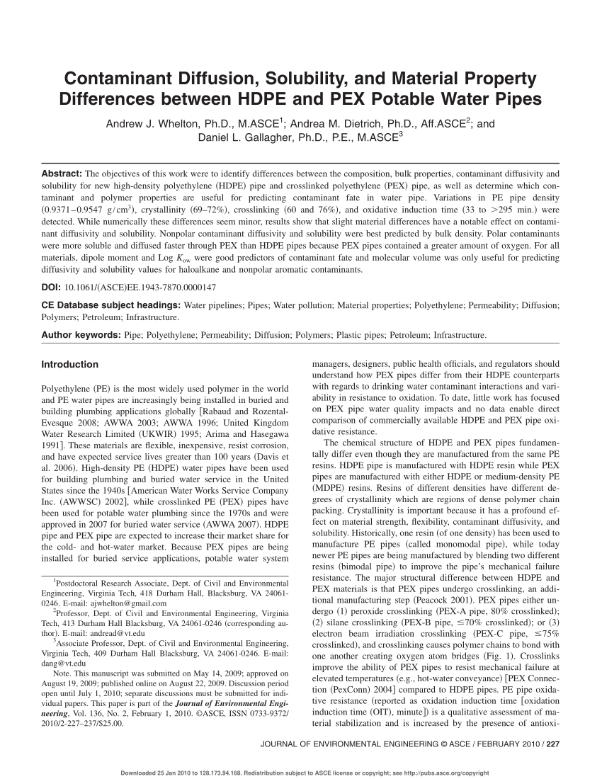Pdf Contaminant Diffusion Solubility And Material Property Differences Between Hdpe And Pex Potable Water Pipes