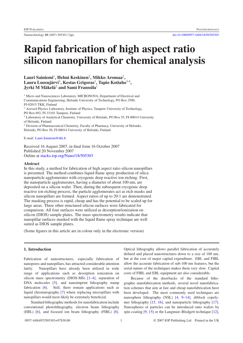 PDF) Rapid fabrication of high aspect ratio silicon nanopillars for  chemical analysis