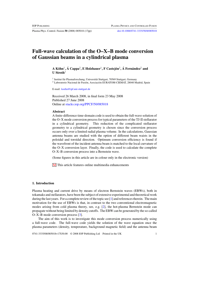 Pdf Full Wave Calculation Of The O X B Mode Conversion Of Gaussian Beams In A Cylindrical Plasma
