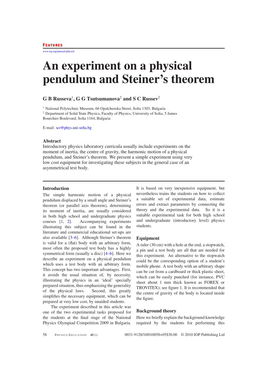 Pdf An Experiment On A Physical Pendulum And Steiner S Theorem