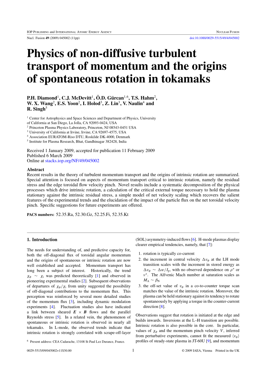 Pdf Physics Of Non Diffusive Turbulent Transport Of Momentum And The Origins Of Spontaneous Rotation In Tokamaks
