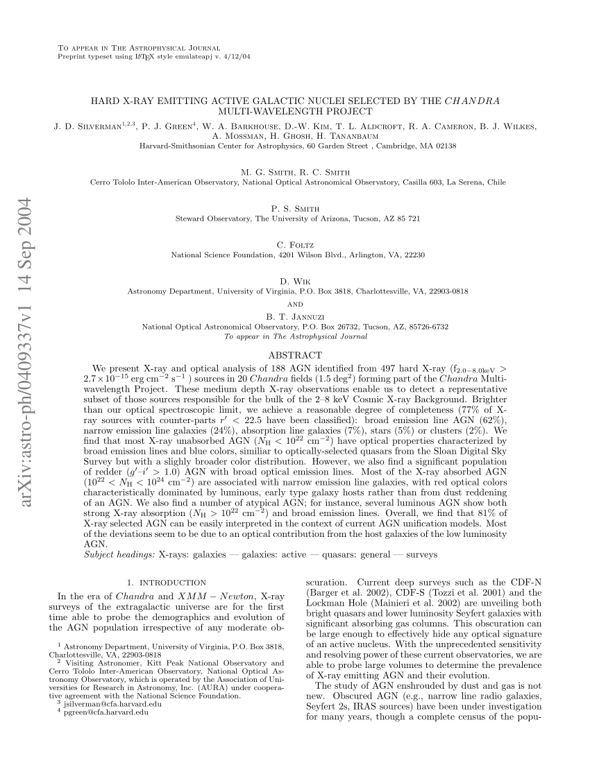 Pdf Hard X Ray Emitting Active Galactic Nuclei Selected By The Chandra Multiwavelength Project