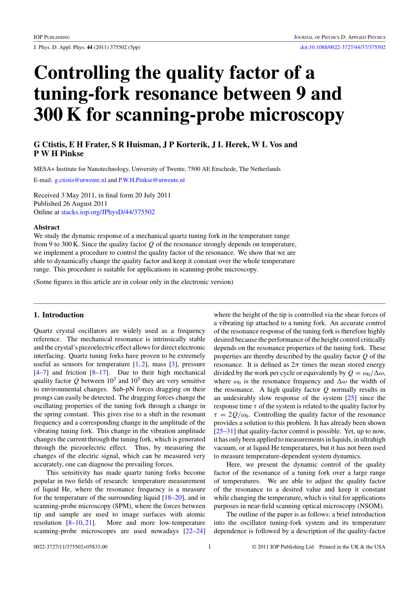 Pdf Controlling The Quality Factor Of A Tuning Fork Resonance Between 9 And 300 K For Scanning Probe Microscopy