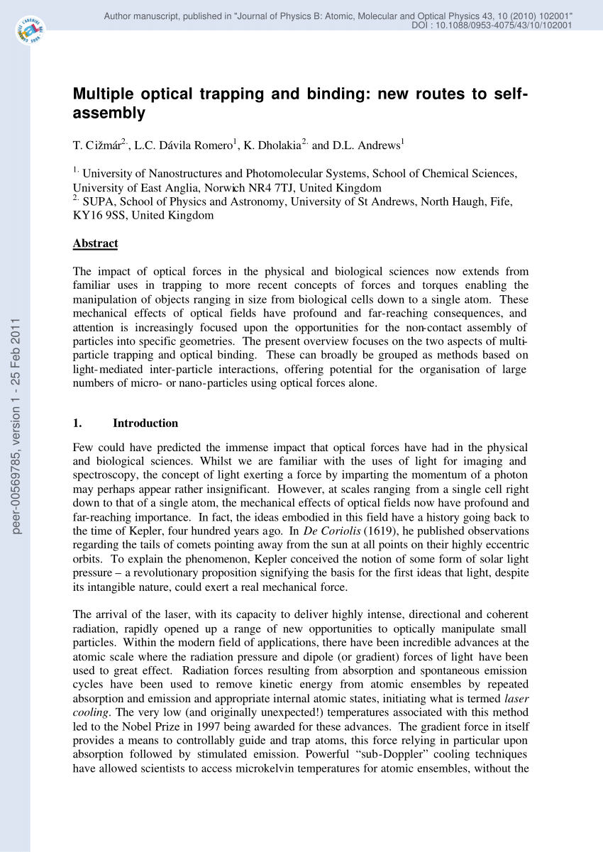 PDF) Multiple optical trapping and binding: New routes to self 