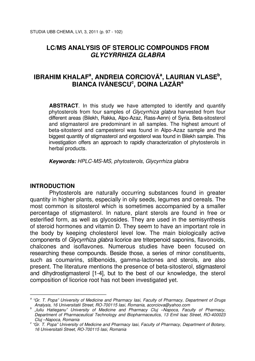 Pdf Lc Ms Analysis Of Sterolic Compounds From Glycyrrhiza Glabra