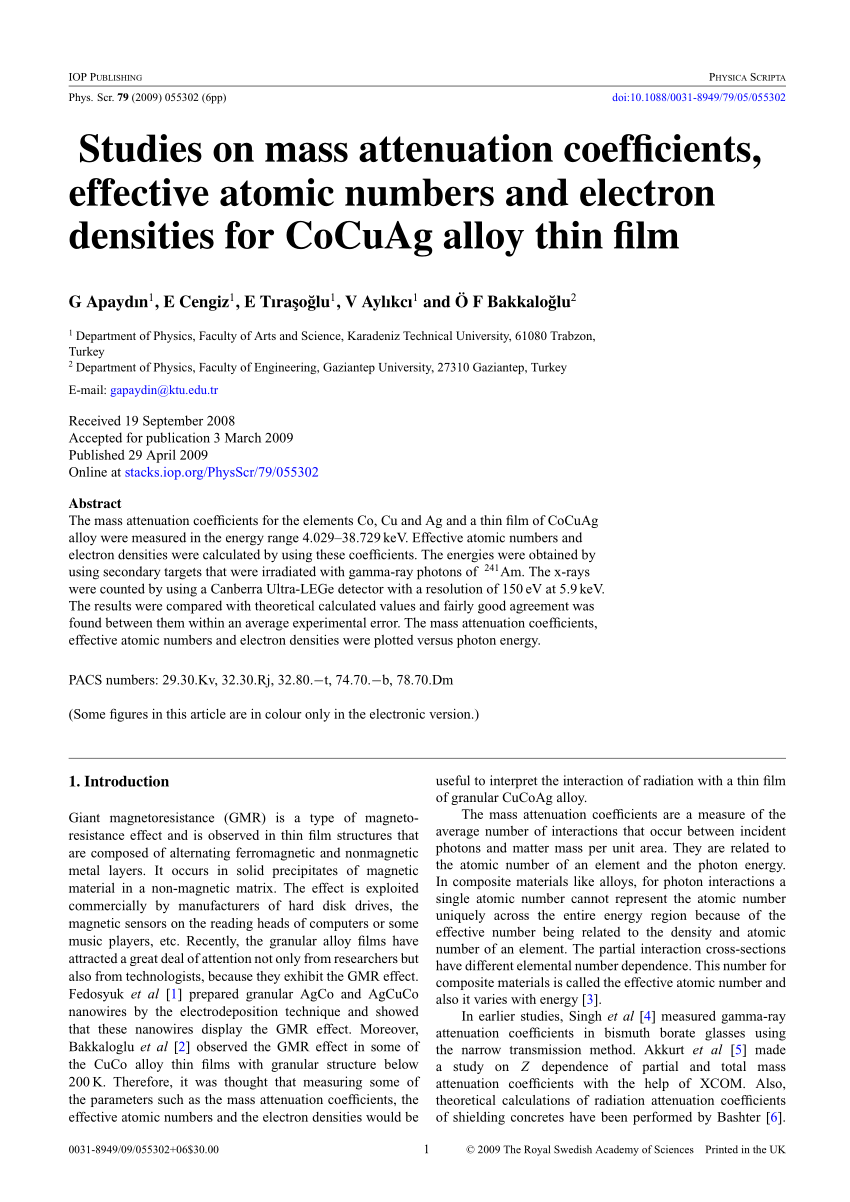 Pdf Studies On Mass Attenuation Coefficients Effective Atomic Numbers And Electron Densities For Cocuag Alloy Thin Film