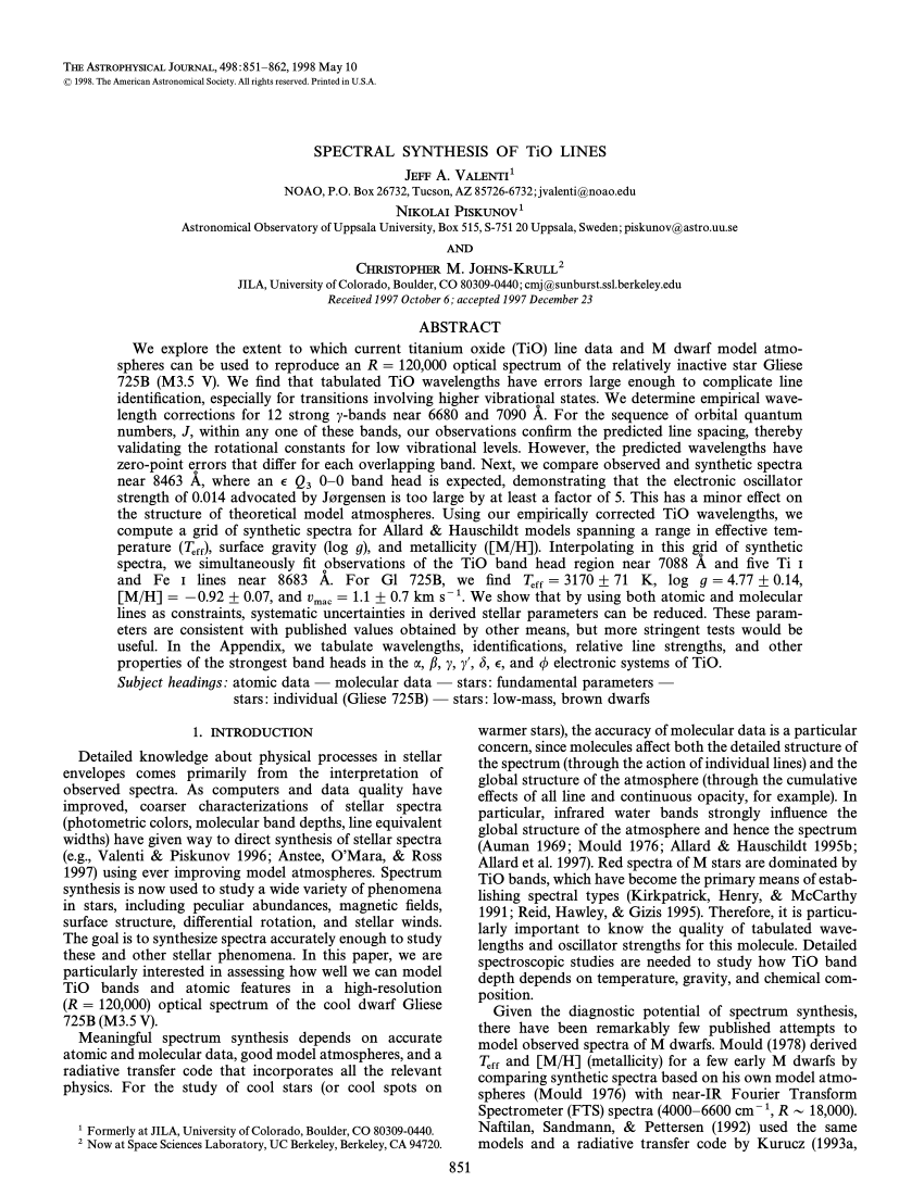 Pdf Spectral Synthesis Of Tio Lines