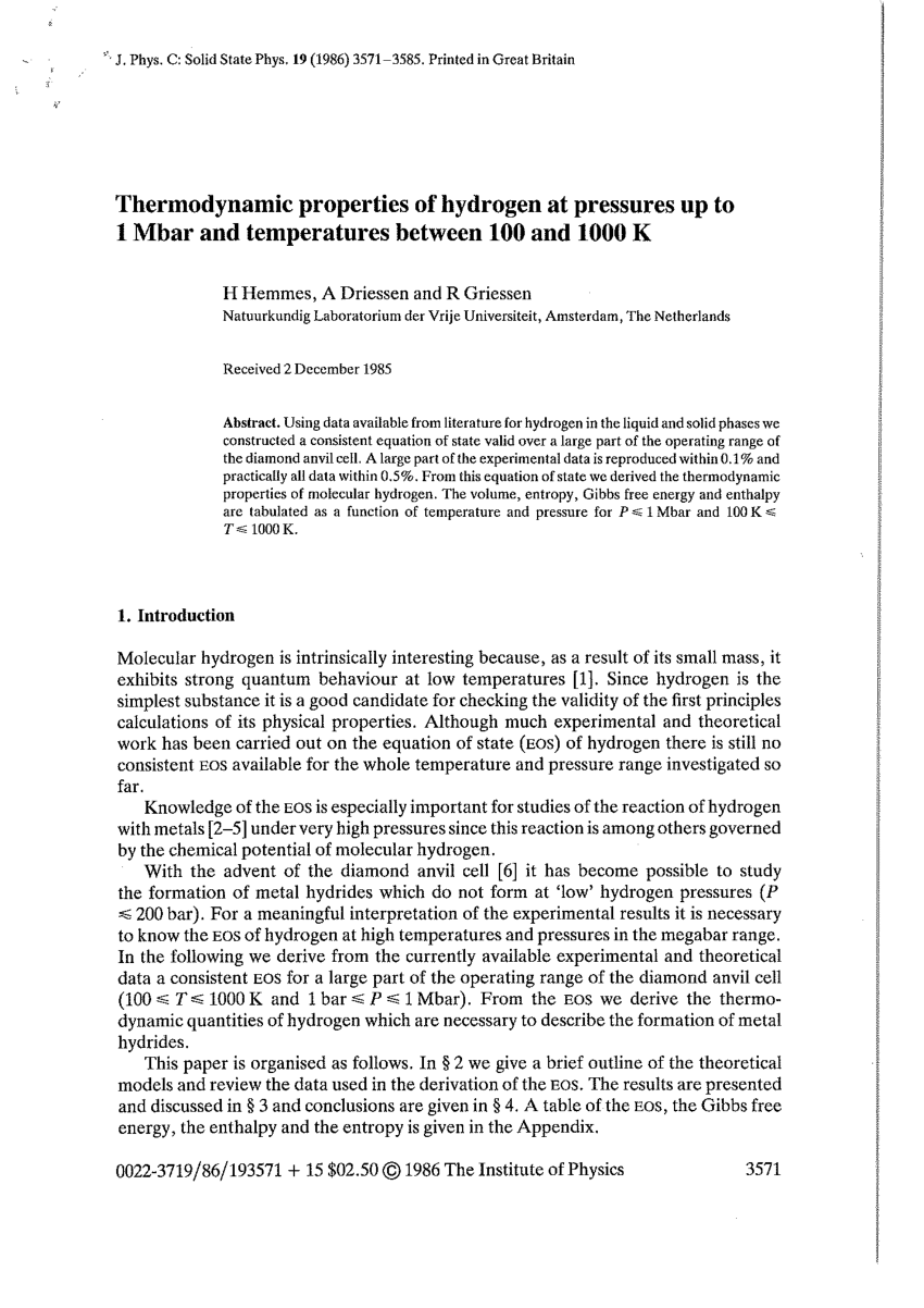 Pdf Thermodynamic Properties Of Hydrogen At Pressures Up To