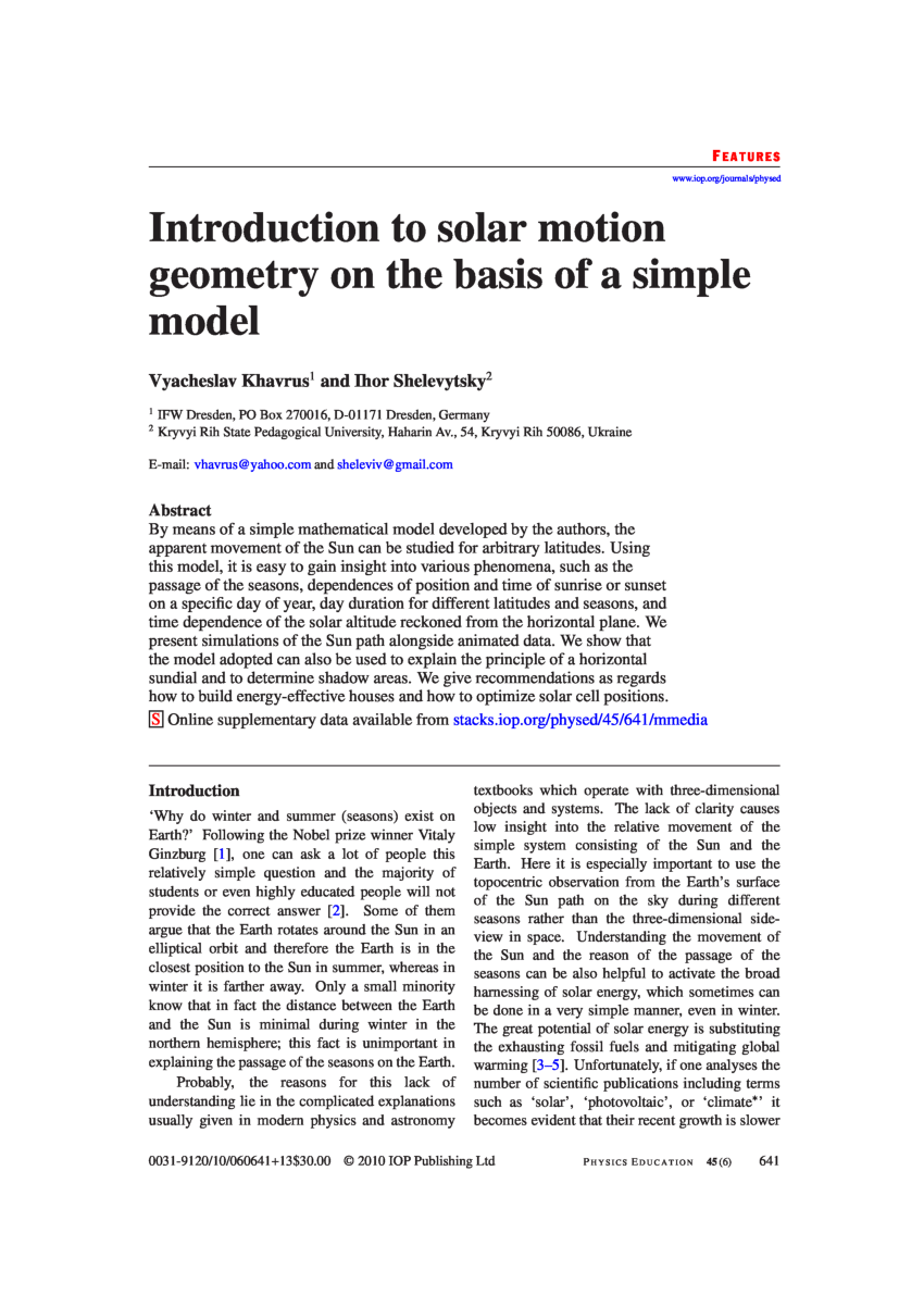 PDF) Introduction to solar motion geometry on the basis of a simple model