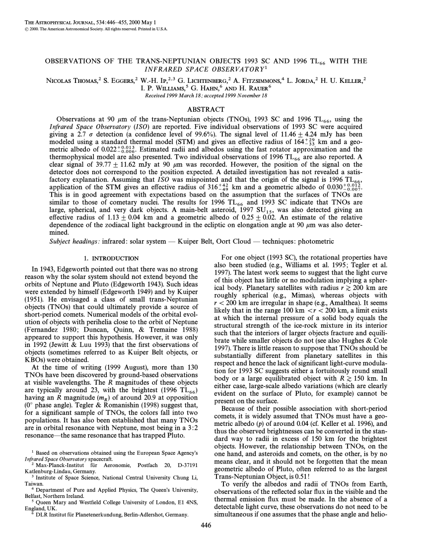 PDF) Observations of the Trans-Neptunian Objects 1993 SC and 1996 ...