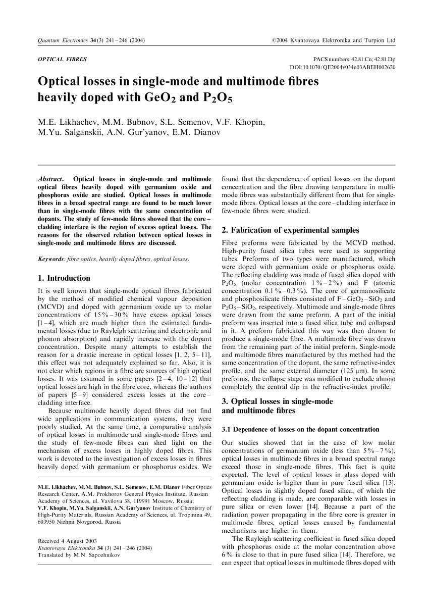 Pdf Optical Losses In Single Mode And Multimode Fibres Heavily Doped With Geo2 And P2o5