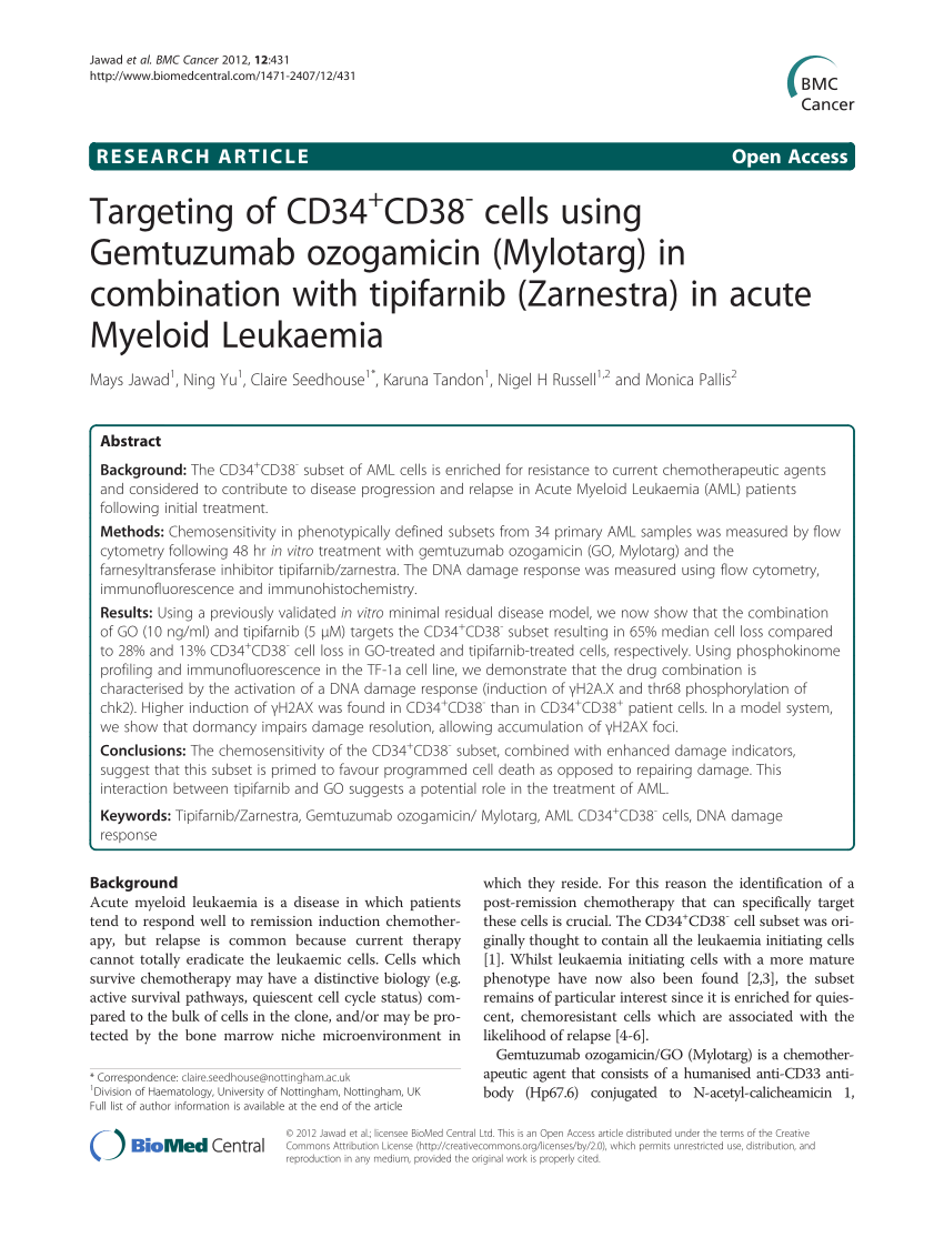 Pdf Targeting Of Cd34cd38 Cells Using Gemtuzumab Ozogamicin Mylotarg In Combination With