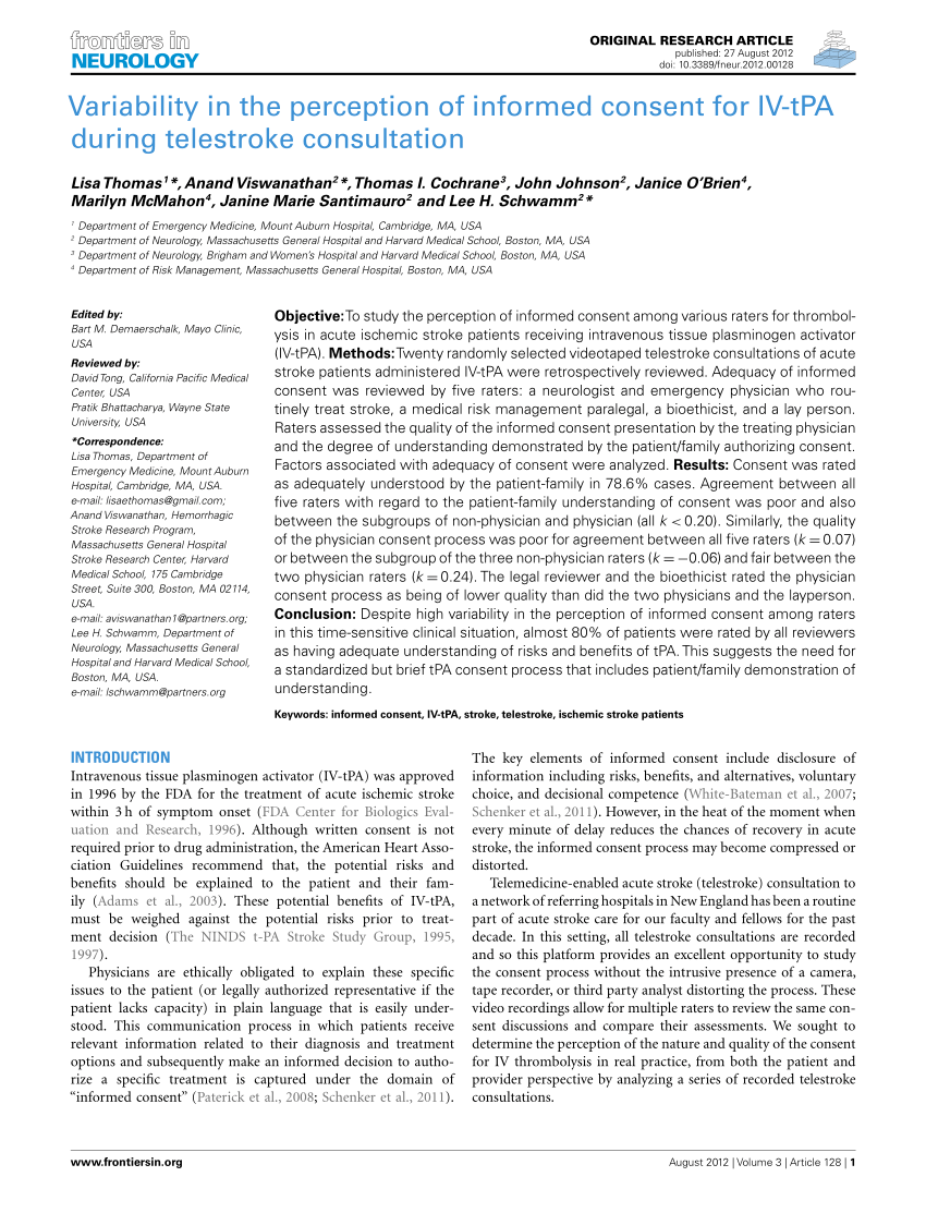 PDF) Variability in the Perception of Informed Consent for IV-tPA during  TeleStroke Consultation