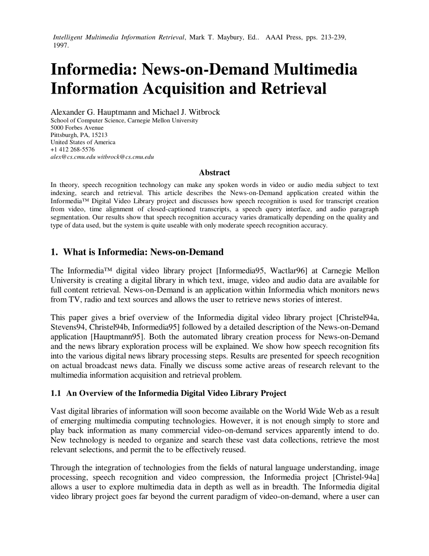 PDF) Informedia News-on-Demand Multimedia Information Acquisition and Retrieval