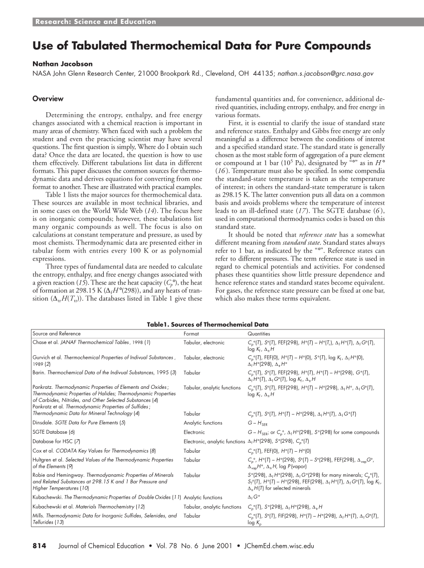 Pdf Use Of Tabulated Thermochemical Data For Pure Compounds