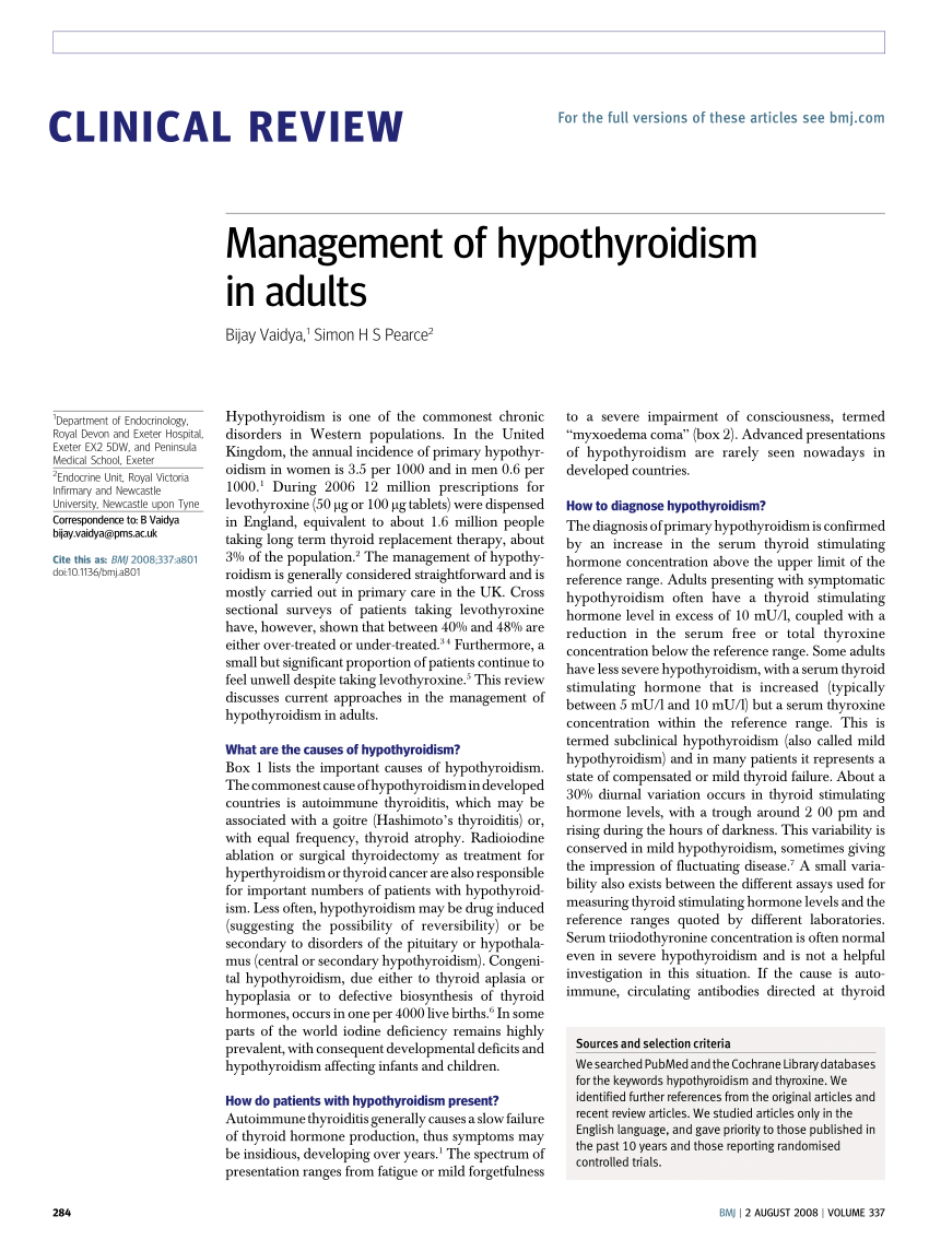 Pdf Management Of Hypothyroidism In Adults