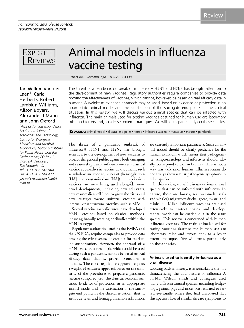 (PDF) Animal models in influenza vaccine testing