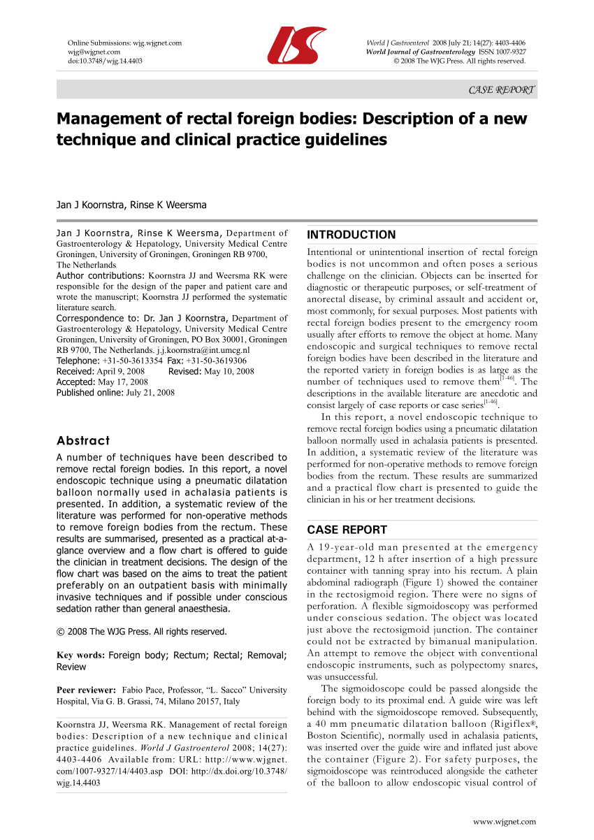 Pdf Management Of Rectal Foreign Bodies Description Of A New Technique And Clinical Practice