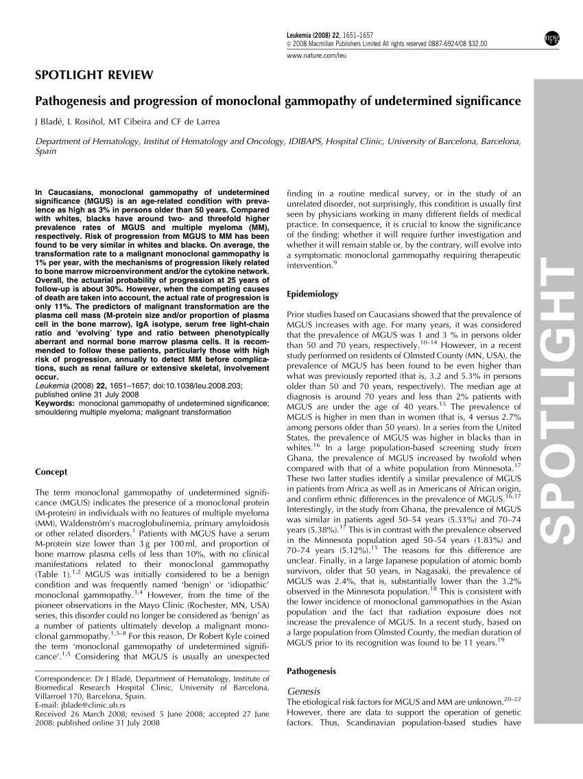 Pdf Pathogenesis And Progression Of Monoclonal Gammopathy Of Undetermined Significance