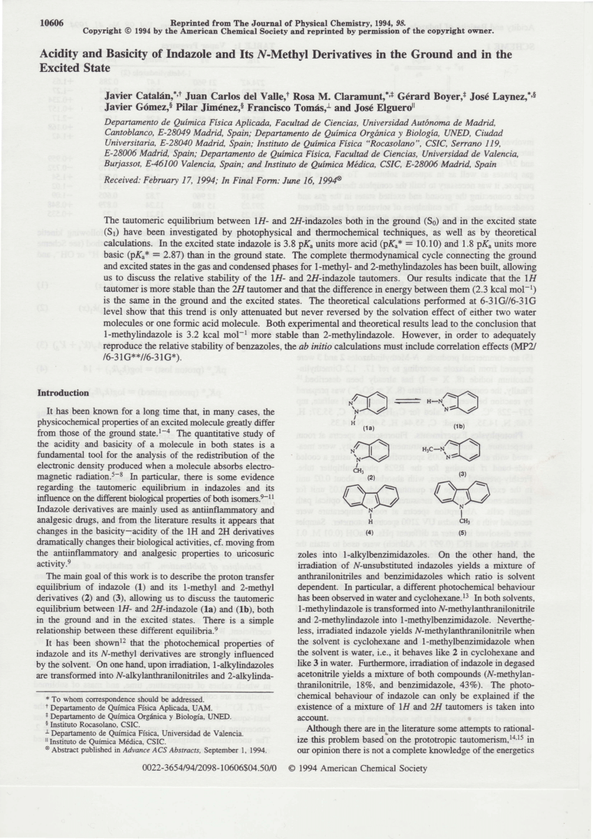 Pdf Acidity And Basicity Of Indazole And Its N Methyl Derivatives In The Ground And In The Excited State