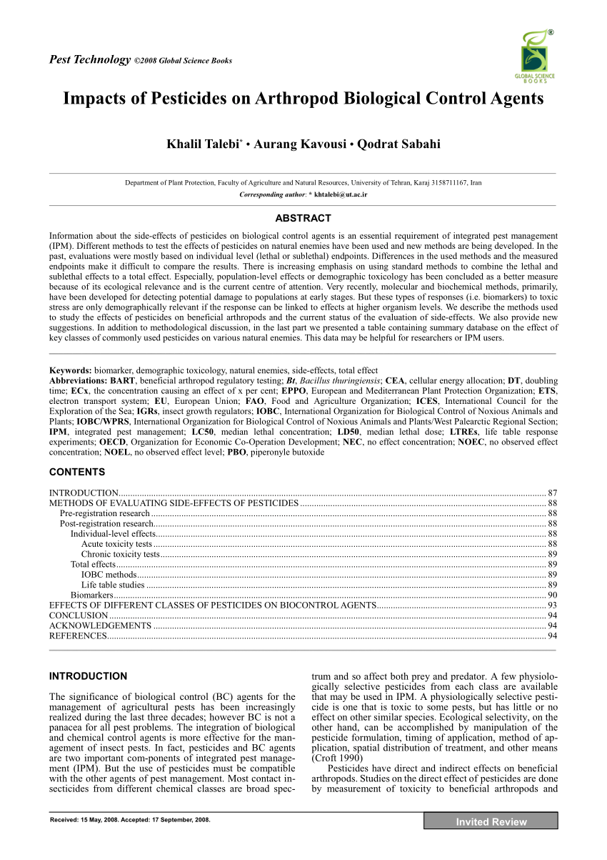 Pdf Impacts Of Pesticides On Arthropod Biological Control Agents