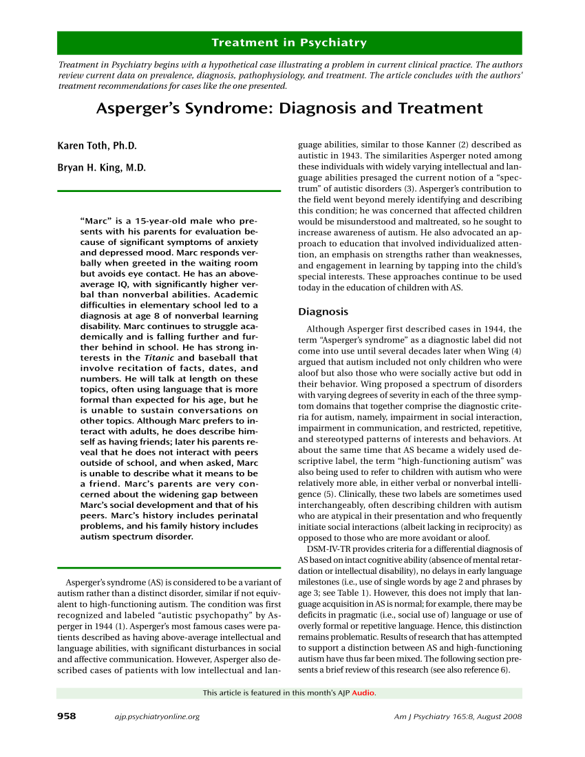 pdf) asperger's syndrome: diagnosis and treatment